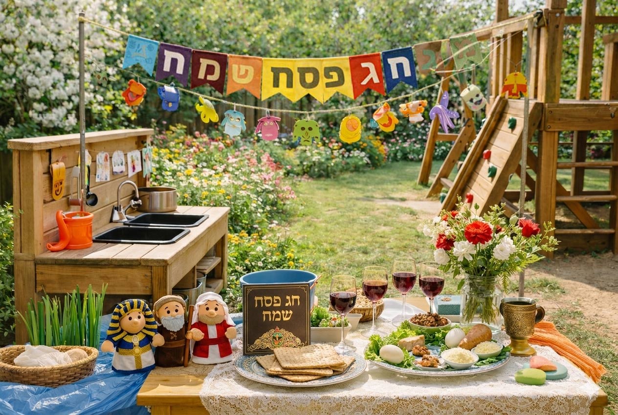 חצר המקושטת לכבוד פעילויות לפסח לילדים בגן